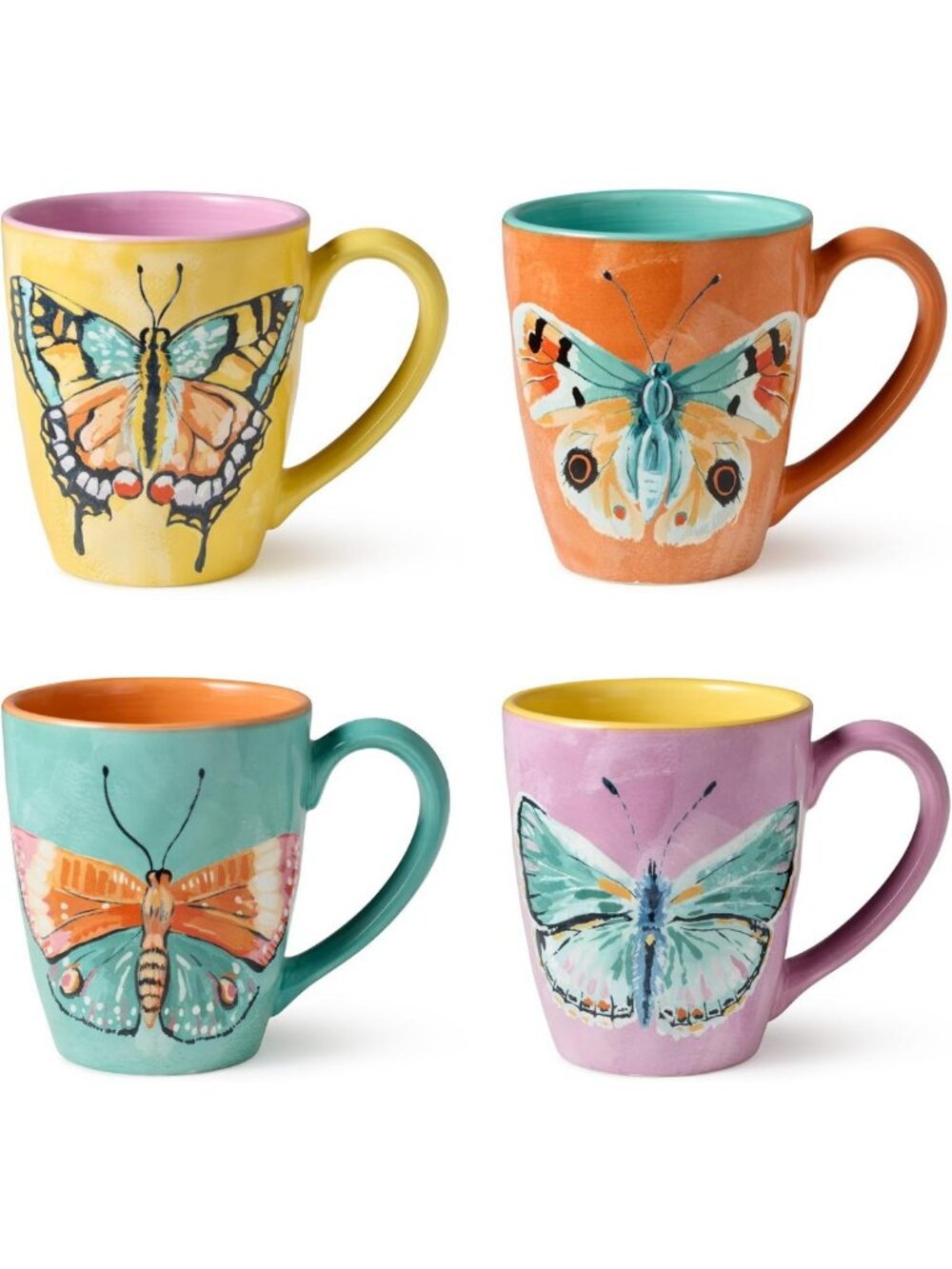 Hand-Painted Butterfly Mugs Set of 4 - 16oz Colorful Ceramic Coffee & Tea Cups